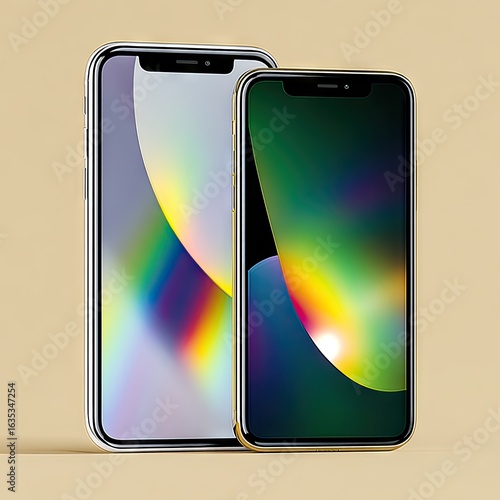 Two Smartphones with Rainbow Reflections on Beige Background