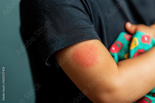 Red Rash on Child's Arm with Colorful Shirt in Soft Focus Background