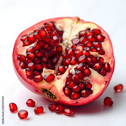 Fresh pomegranate broken open with red seeds on white background, macro detail