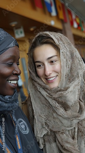 Two Smiling Women in Conversation Indoors