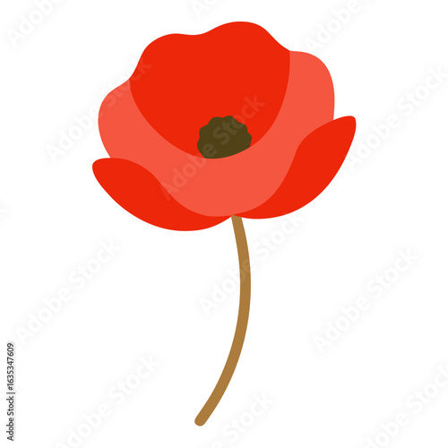 Stylized red poppy flower with a dark center and brown stem against a black background