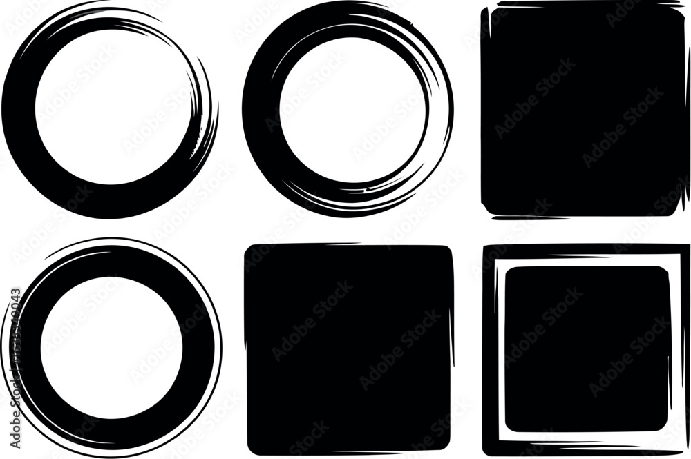 A collection of six brush stroke shapes featuring circles and squares on a plain white background surface