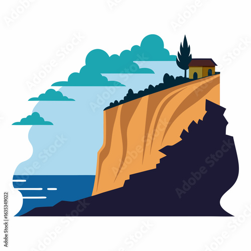 Coastal cliff with house and ocean waves vector illustration
