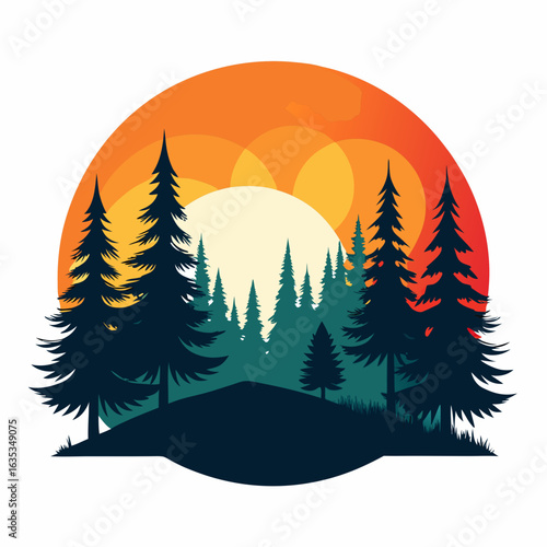 Dark pine forest silhouette against a vibrant sunset on white background trees nature