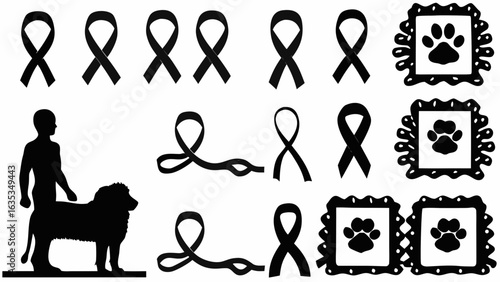 Silhouette of person with dog ribbons and paw prints in decorative frames arranged in a pattern