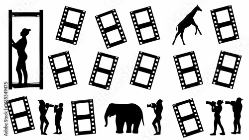 Silhouette figures of people animals and film strips scattered across a white background in black and white