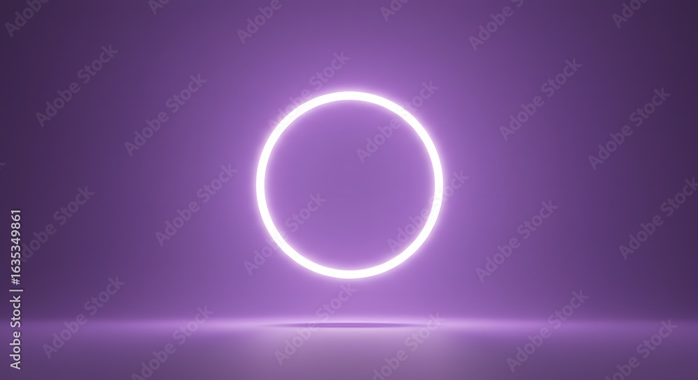 Obraz premium Abstract Neon Circle Glowing on Purple Background with Reflections