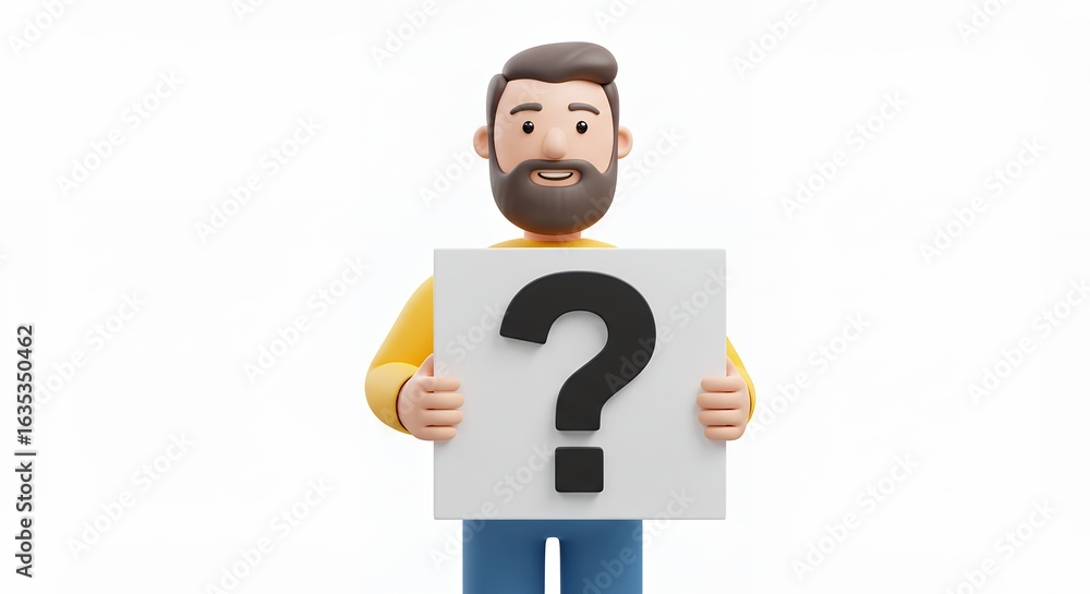 3 d rendered cartoon man holding question mark sign on white background 3 d rendered cartoon man holding question mark sign on white background