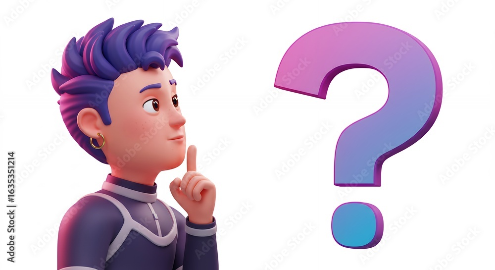 Cartoon boy questioning with large question mark Cartoon boy questioning with large question mark