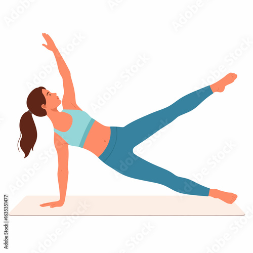 Young woman in blue activewear performing a side plank with a leg lift on a yoga mat.