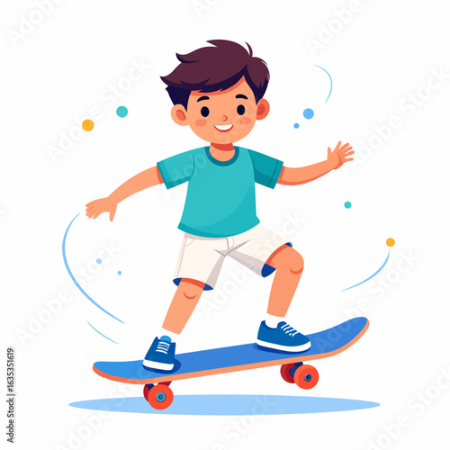 Cheerful cartoon boy with brown hair riding a blue skateboard, wearing a teal shirt and white shorts, smiling happily while balancing.