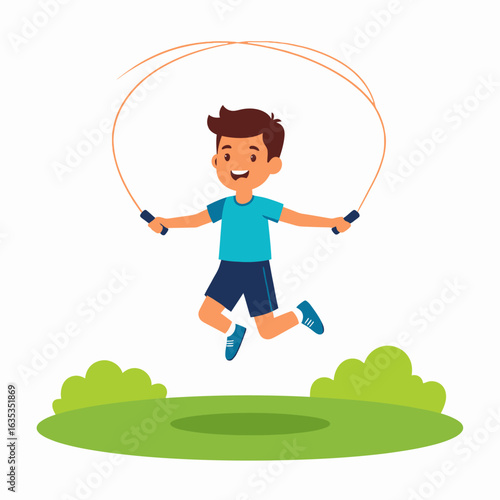 Happy cartoon boy in blue sportswear jumping with an orange skipping rope, mid-air pose.
