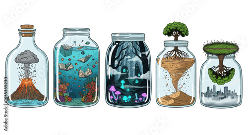 Artistic glass jars showcasing miniature worlds fantasy landscapes and nature scenes creative illustration