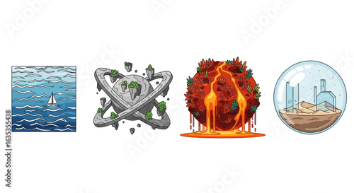 Illustration set of fantasy worlds ocean planet lava desert sailboat rings terrarium art graphic design