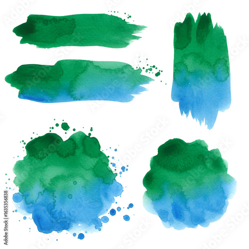 Abstract Watercolor Paint Strokes In Blue And Green On Transparent Background