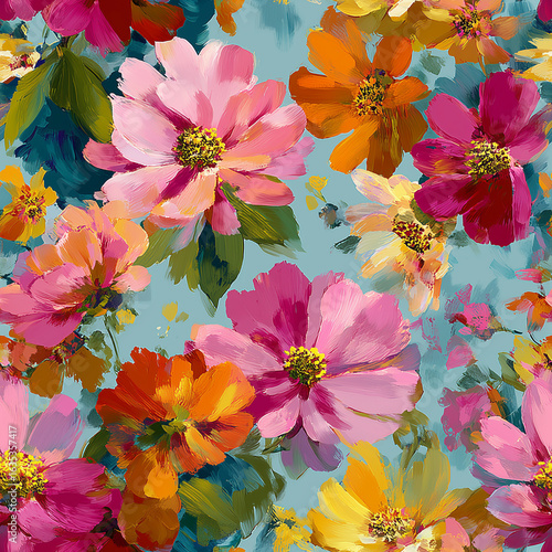 Vibrant Painterly Garden Flowers on Blue Background Seamless Pattern
