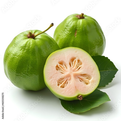 Realistic guava fruit with green leaf, side view, isolated on white

