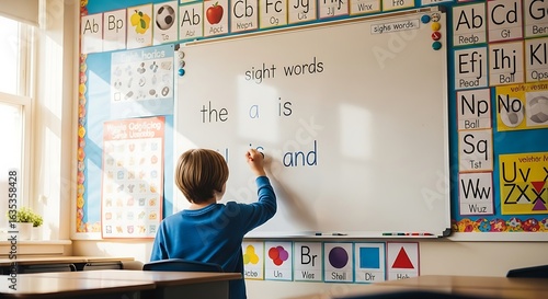 Young student learning sight words in bright classroom, mastering literacy skills for academic success