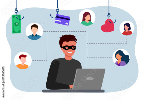 Hacker attack. Fraud with user data on social networks. Credit or debit card theft. Internet phishing, cybercrime and crime. A thief on a website online on the internet.
