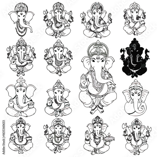 Illustrations of lord ganesha in different poses and styles, ideal for cultural designs and religious projects. Hindu deity art collection