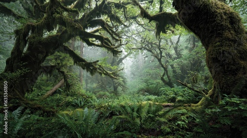 Fototapeta Naklejka Na Ścianę i Meble -  Misty Rainforest Path, Lush Green Canopy, Foggy Forest, Pacific Northwest, Nature Wallpaper