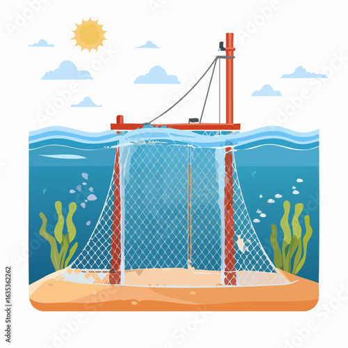 海中の定置網の断面図ベクターイラスト