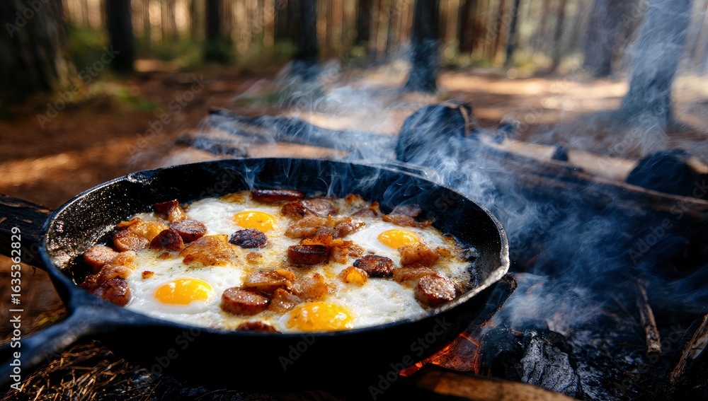 Campfire breakfast skillet, eggs, sausage Campfire breakfast skillet, eggs, sausage