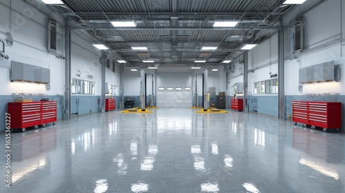 Modern auto repair shop interior with lift, tools, and clean floor