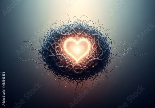 Abstract glowing heart shape formed by intricate, energetic strands and particles