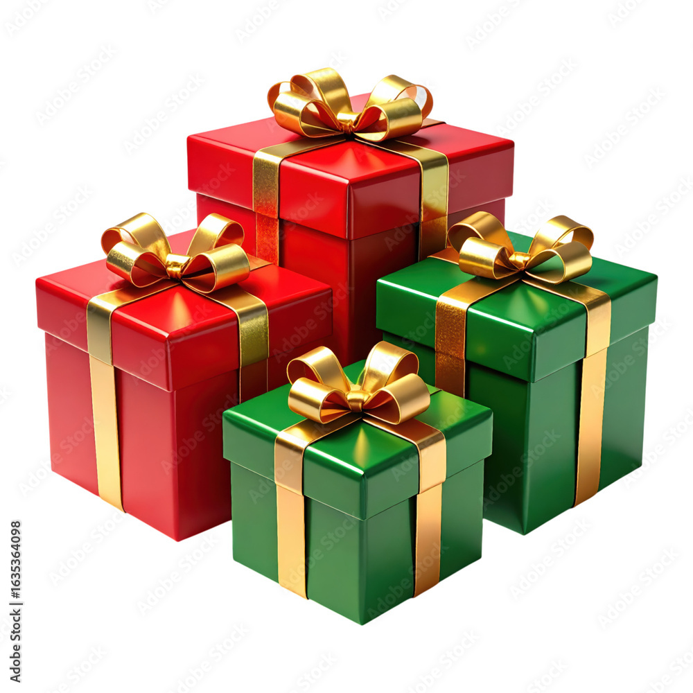 Fototapeta premium Four colorful gift boxes with gold ribbons and bows, stacked together in festive arrangement