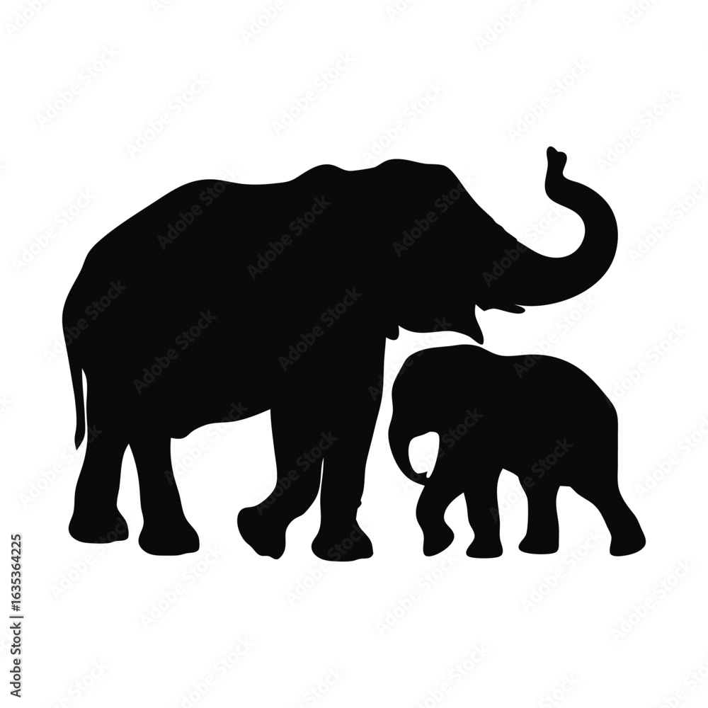 Fototapeta premium A silhouette of elephant with calf walking On white