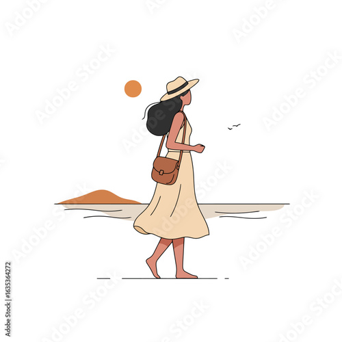Serene Seaside Stroll: A Minimalist Illustration of a Woman on the Beach