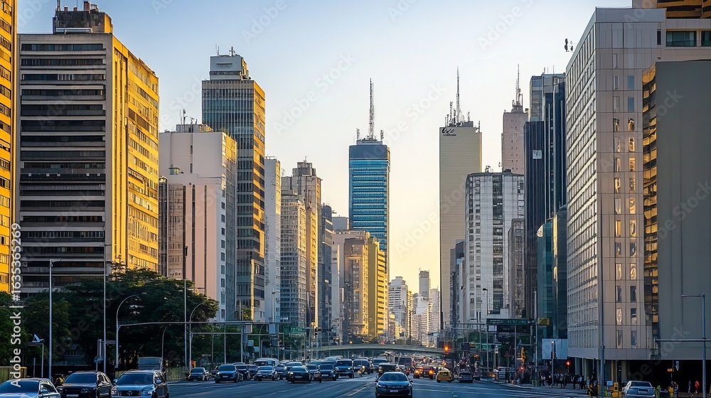 Obraz premium City skyline at sunset, with tall buildings and traffic