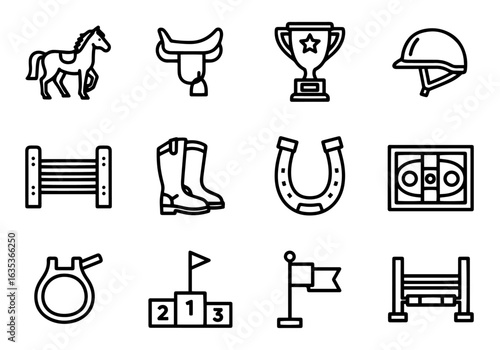 Equestrian Sports Vector Icon Set | Bold Line Style | Horse, Saddle, Boots, Helmet, Jumping, Trophy, Horseshoe, Arena Icons

