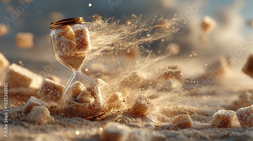 A broken hourglass with sugar cubes instead of sand, swept away by a golden breeze, symbolizing fleeting sweetness.
