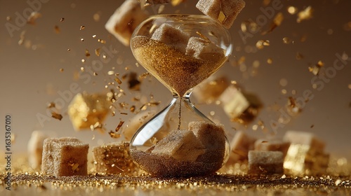 A broken hourglass with sugar cubes instead of sand, swept away by a golden breeze, symbolizing fleeting sweetness.
