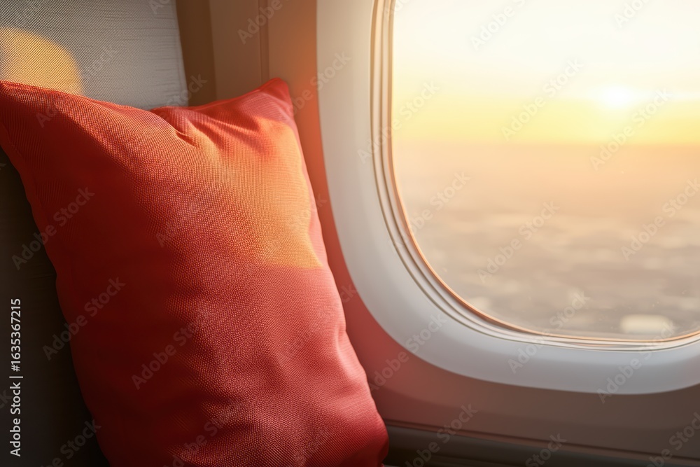 Fototapeta premium Cozy Airplane Window Seat with Orange Pillow at Sunset View
