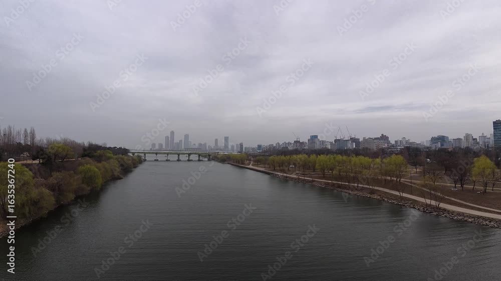 Scenic View At Yanghwa Hangang Riverside Park In Seoul, South Korea - Wide Shot Scenic View At Yanghwa Hangang Riverside Park In Seoul, South Korea - Wide Shot