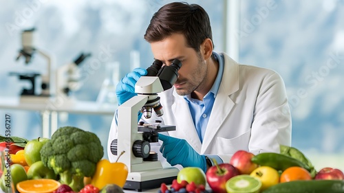 Fototapeta Naklejka Na Ścianę i Meble -  Scientist examines fresh produce under a microscope in a laboratory setting