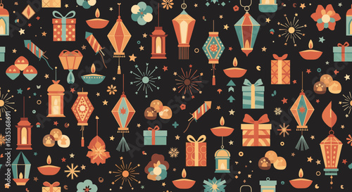 A vibrant tapestry of festive decorations featuring lanterns fireworks gifts and diyas creating a celebratory atmosphere