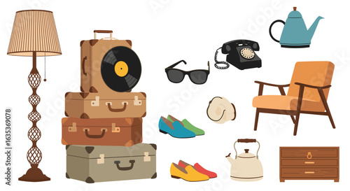 A collection of vintage home decor and accessories evoking nostalgia and retro style