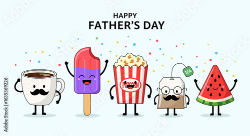 Celebrating happy fathers day with fun food characters and colorful confetti decorations