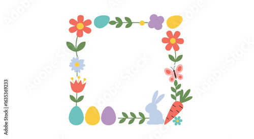 Springtime easter bunny and flowers decorative border design elements for holiday celebration