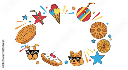 Celebrate summer fun with sweet treats and playful pups and feline friends featuring ice cream pies waffles