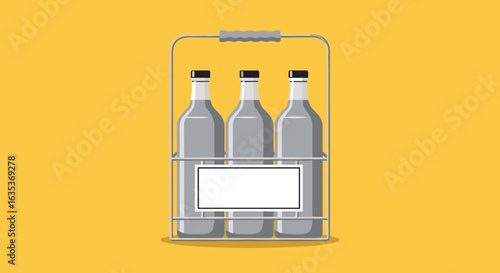 Vector illustration of three glass bottles of water in a metal caddy against a yellow background