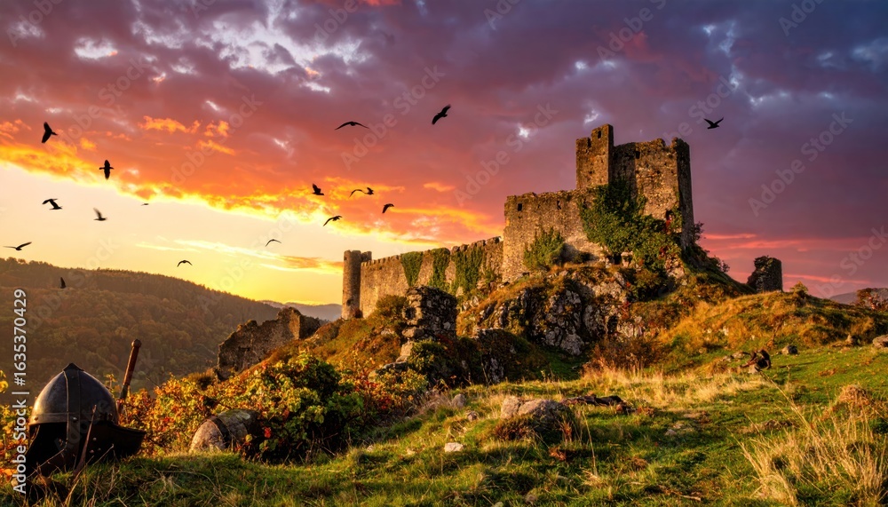 Fototapeta premium Medieval Castle Sunset with Silhouette, Dramatic Sky, Birds, and Landscape.