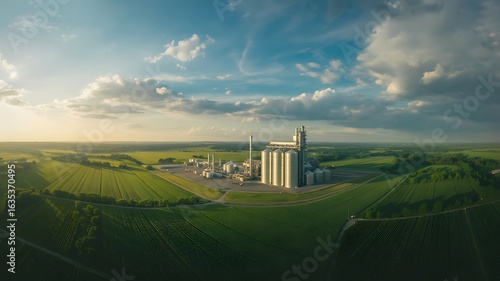Aerial view of a grain elevator and agricultural landscape at sunset