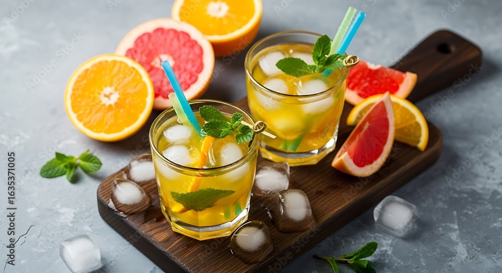 Fototapeta premium Refreshing Citrus Cocktails with Mint, Ice, and Colorful Straws on Wooden Board