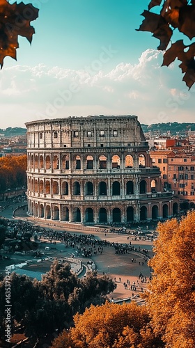 High-angle view of the Colosseum in Rome, framed by autumn foliage