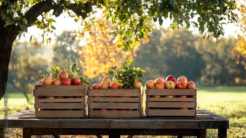 Handmade wooden boxes with apples on a table in a sunny orchard.